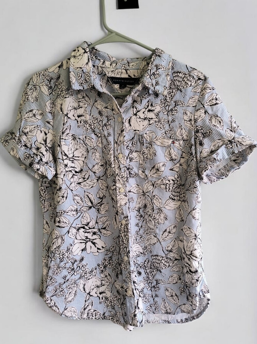 Tommy Hilfiger Button-Up Floral Shirt Light Blue/White, Women Med, Linen Blend